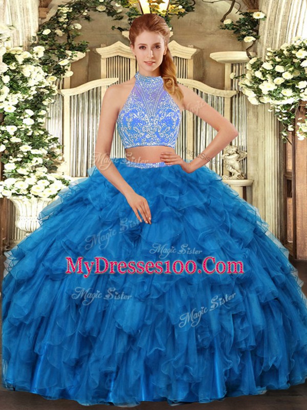 Hot Selling Floor Length Blue Sweet 16 Dress Organza Sleeveless Beading and Ruffles