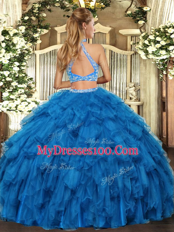 Hot Selling Floor Length Blue Sweet 16 Dress Organza Sleeveless Beading and Ruffles