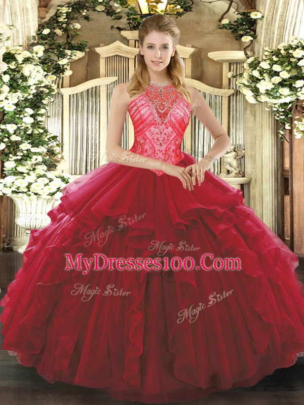 High End Floor Length Lace Up Sweet 16 Quinceanera Dress Wine Red for Military Ball and Sweet 16 and Quinceanera with Ruffles