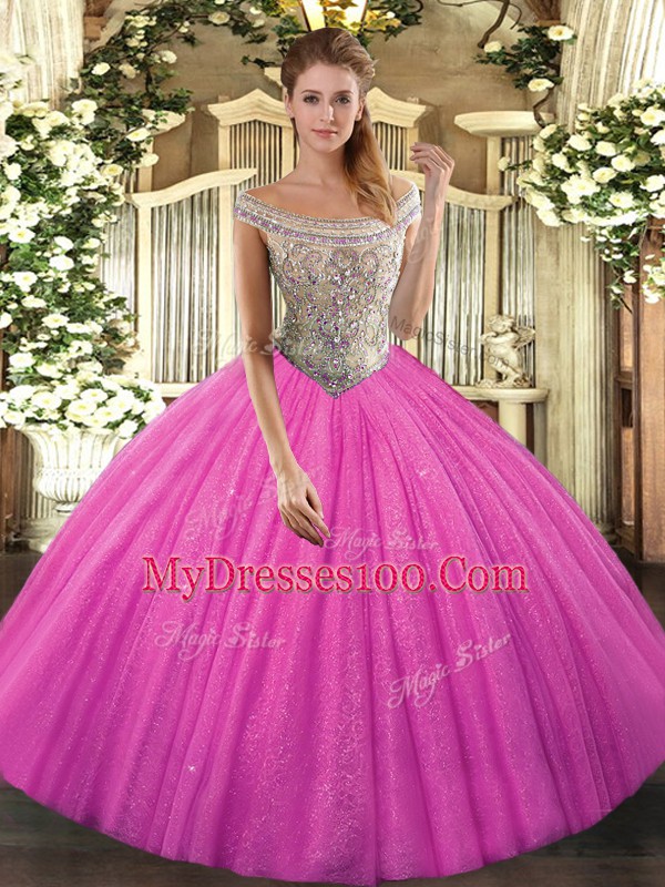 Sleeveless Tulle Lace Up 15 Quinceanera Dress in Hot Pink with Beading