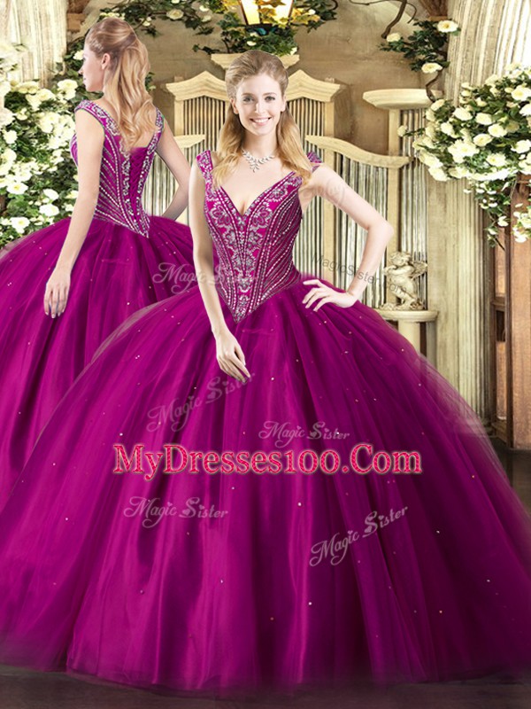 High End Floor Length Lace Up Vestidos de Quinceanera Fuchsia for Military Ball and Sweet 16 and Quinceanera with Beading