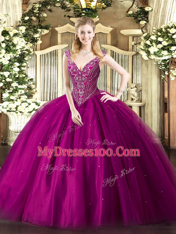 High End Floor Length Lace Up Vestidos de Quinceanera Fuchsia for Military Ball and Sweet 16 and Quinceanera with Beading