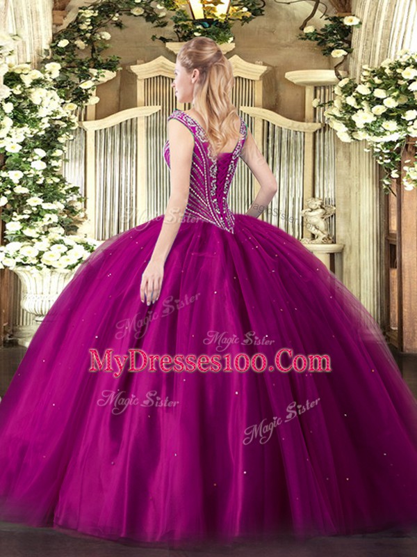 High End Floor Length Lace Up Vestidos de Quinceanera Fuchsia for Military Ball and Sweet 16 and Quinceanera with Beading