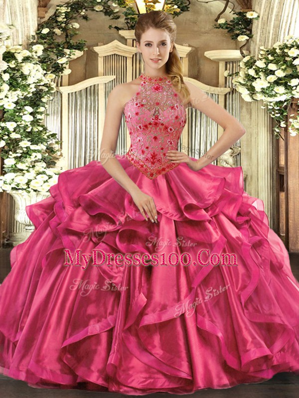 High End Floor Length Hot Pink Quince Ball Gowns Halter Top Sleeveless Lace Up