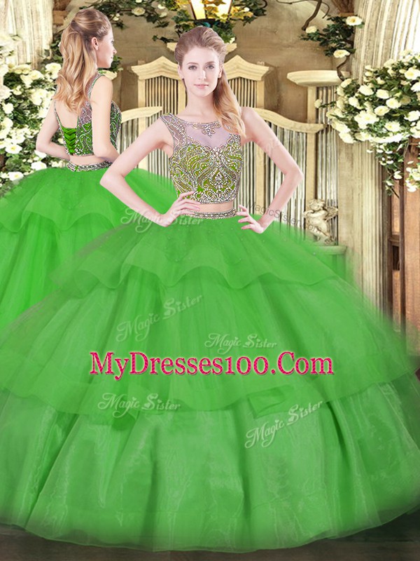 Superior Two Pieces Quinceanera Gown Green Scoop Tulle Sleeveless Floor Length Lace Up