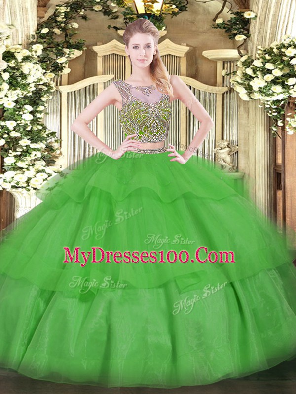 Superior Two Pieces Quinceanera Gown Green Scoop Tulle Sleeveless Floor Length Lace Up