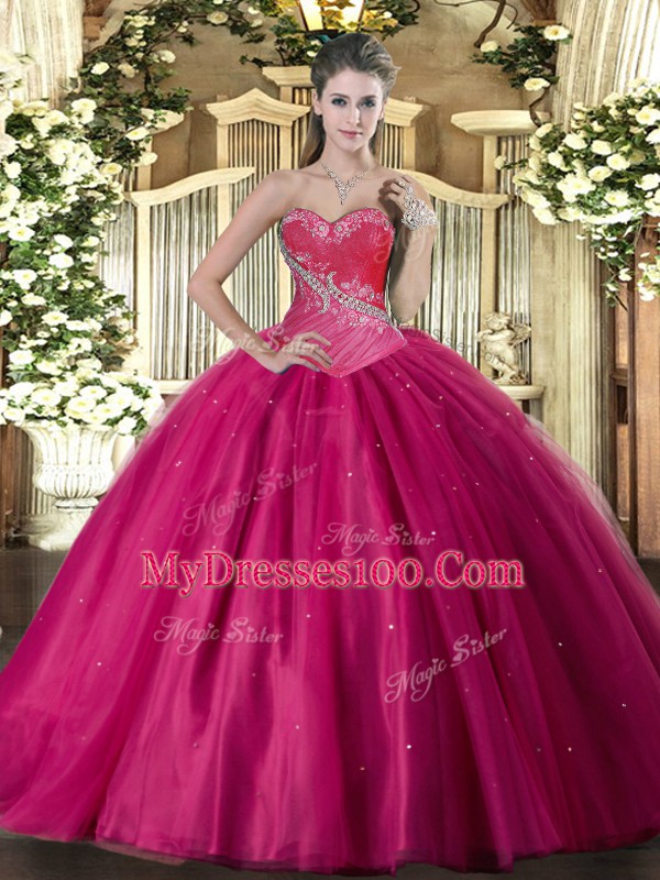 Sleeveless Floor Length Beading Lace Up 15 Quinceanera Dress with Fuchsia