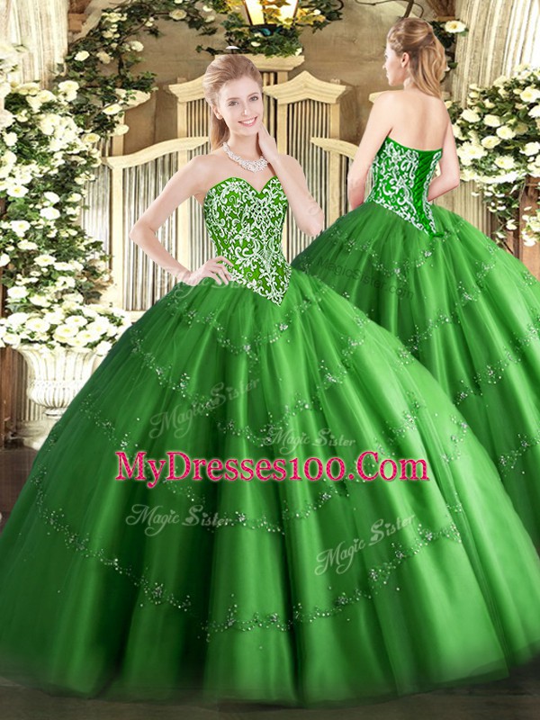 Best Selling Green Ball Gowns Beading and Appliques Quinceanera Gowns Lace Up Tulle Sleeveless Floor Length