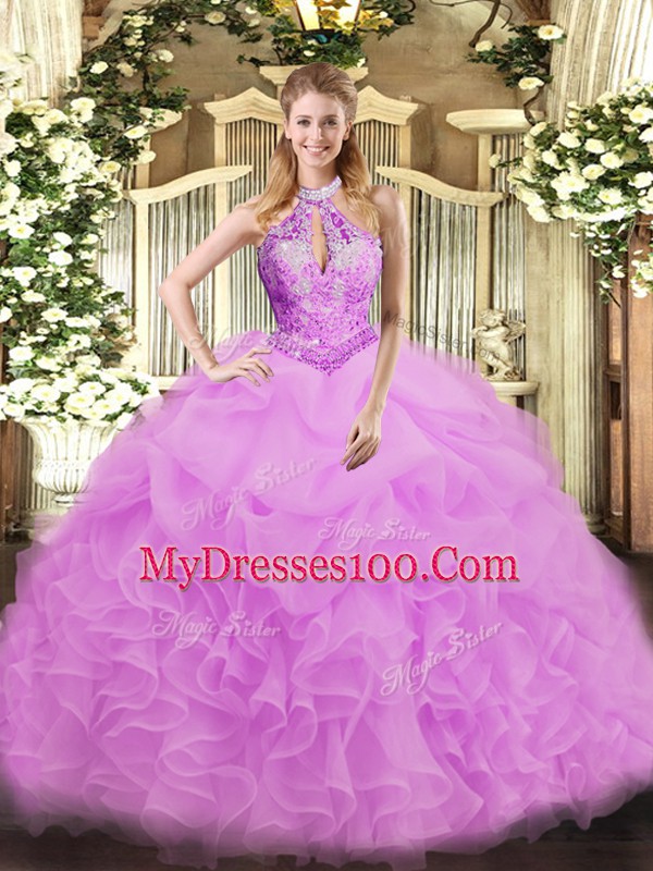 Decent Lilac Ball Gowns Beading Vestidos de Quinceanera Lace Up Organza Sleeveless Floor Length