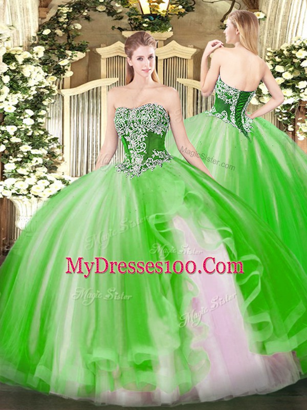 Pretty Strapless Lace Up Beading and Ruffles Quince Ball Gowns Sleeveless