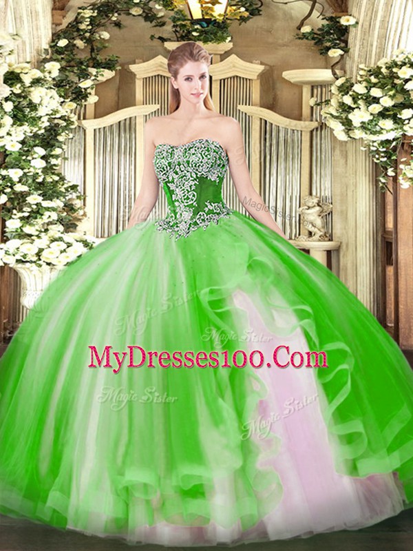 Pretty Strapless Lace Up Beading and Ruffles Quince Ball Gowns Sleeveless