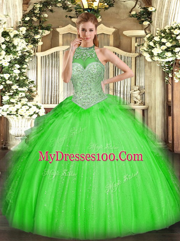 New Arrival Tulle Lace Up Halter Top Sleeveless Floor Length Ball Gown Prom Dress Beading and Ruffles