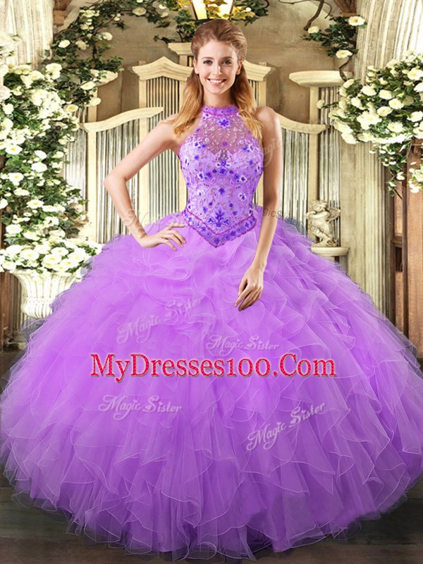 Luxurious Lavender Organza Lace Up Quinceanera Gowns Sleeveless Floor Length Beading and Ruffles