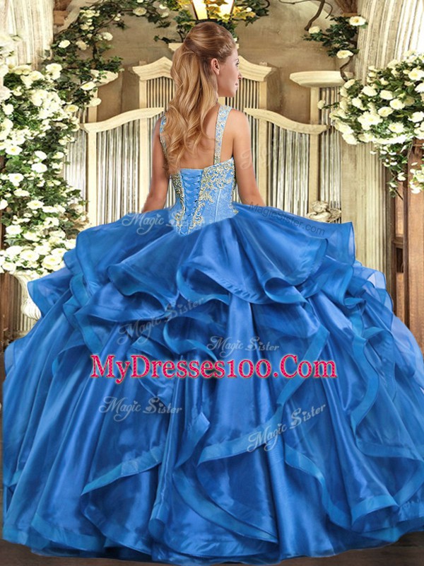 Fashionable Straps Sleeveless Sweet 16 Quinceanera Dress Floor Length Beading and Ruffles Eggplant Purple Organza