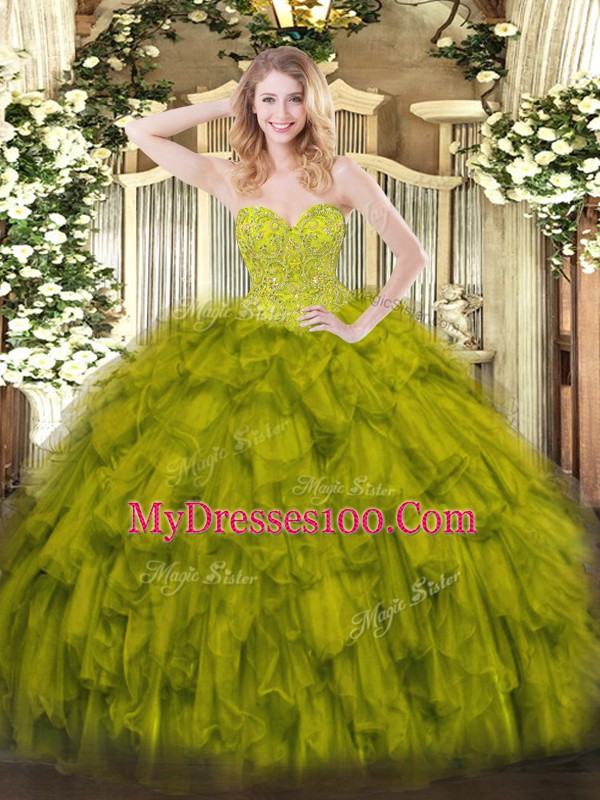 Olive Green Sleeveless Organza Lace Up Quinceanera Gowns for Military Ball and Sweet 16 and Quinceanera