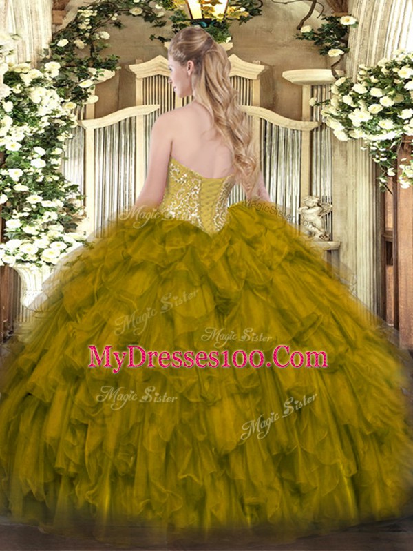 Olive Green Sleeveless Organza Lace Up Quinceanera Gowns for Military Ball and Sweet 16 and Quinceanera