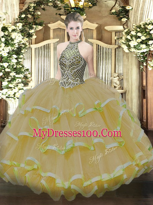Excellent Gold Sweet 16 Quinceanera Dress Sweet 16 and Quinceanera with Beading and Ruffles Halter Top Sleeveless Lace Up