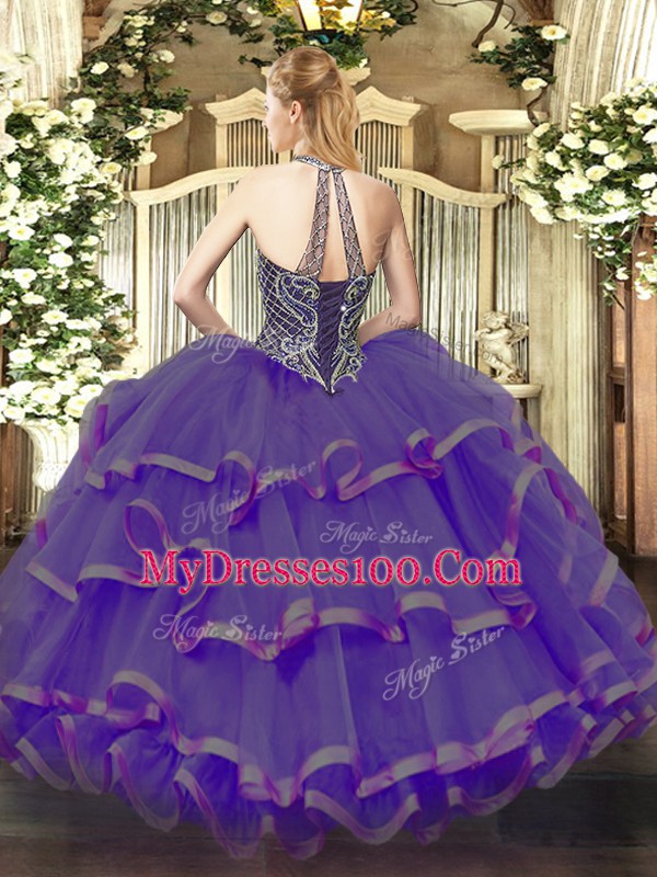 Excellent Gold Sweet 16 Quinceanera Dress Sweet 16 and Quinceanera with Beading and Ruffles Halter Top Sleeveless Lace Up