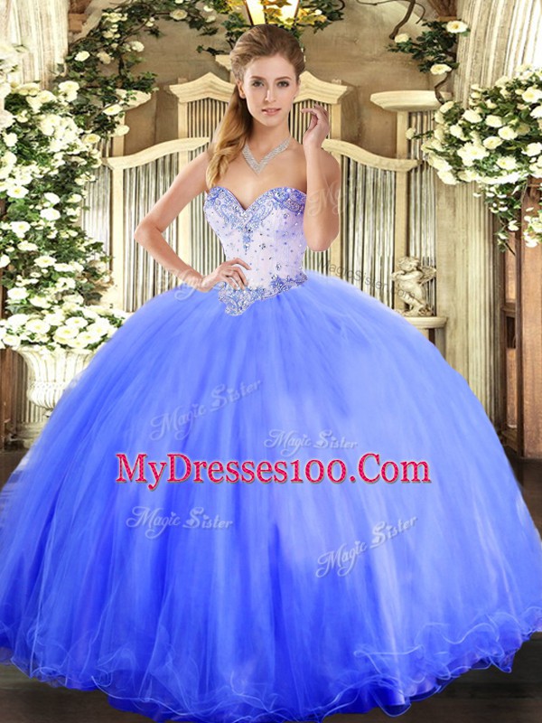 Flirting Blue Sleeveless Floor Length Beading Lace Up Sweet 16 Quinceanera Dress