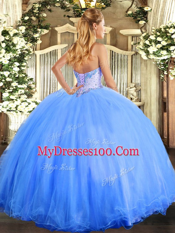 Flirting Blue Sleeveless Floor Length Beading Lace Up Sweet 16 Quinceanera Dress