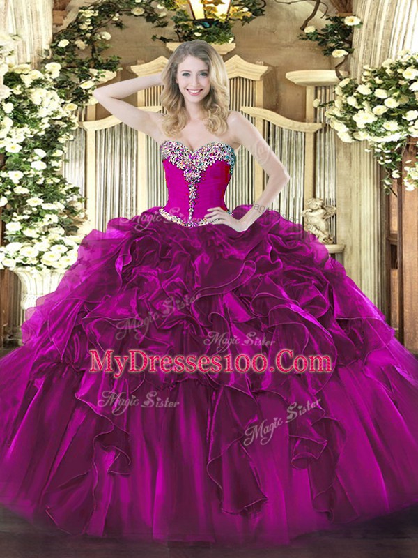 Fuchsia Ball Gowns Organza Sweetheart Sleeveless Beading and Ruffles Floor Length Lace Up Quince Ball Gowns