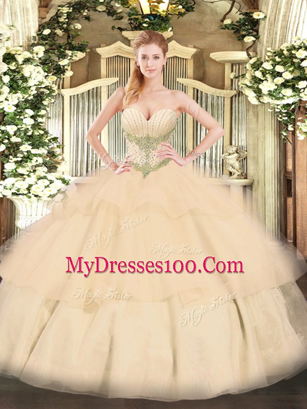 Deluxe Champagne Sweetheart Neckline Beading and Ruffled Layers Quinceanera Dresses Sleeveless Lace Up