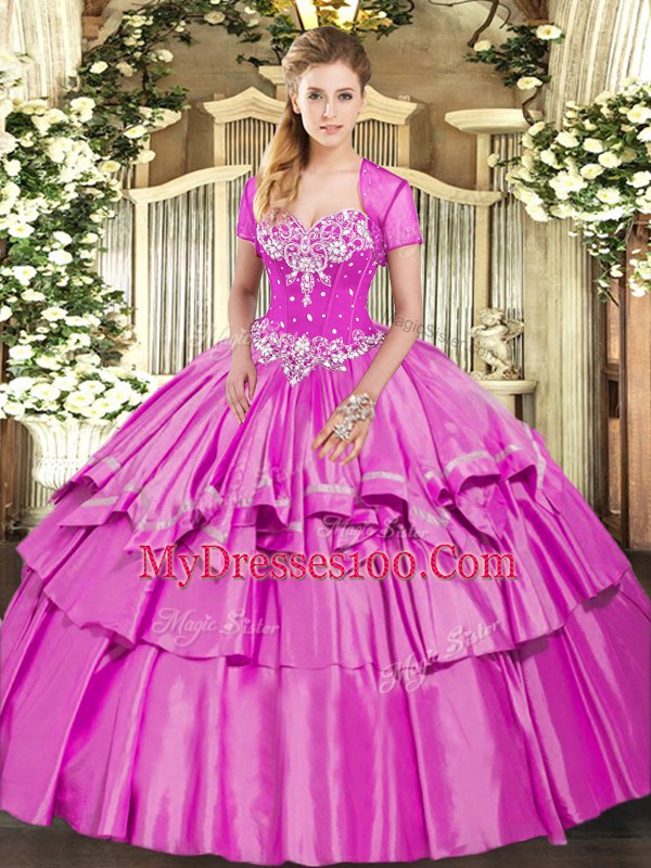 Lilac Quince Ball Gowns Military Ball and Sweet 16 and Quinceanera with Beading and Ruffled Layers Sweetheart Sleeveless Lace Up
