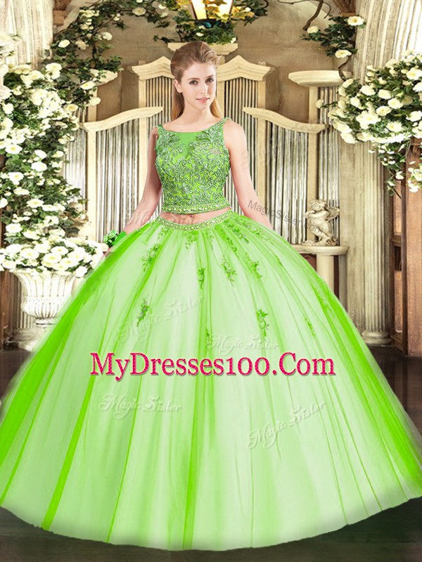 Flare Scoop Sleeveless Tulle 15th Birthday Dress Beading and Appliques Lace Up