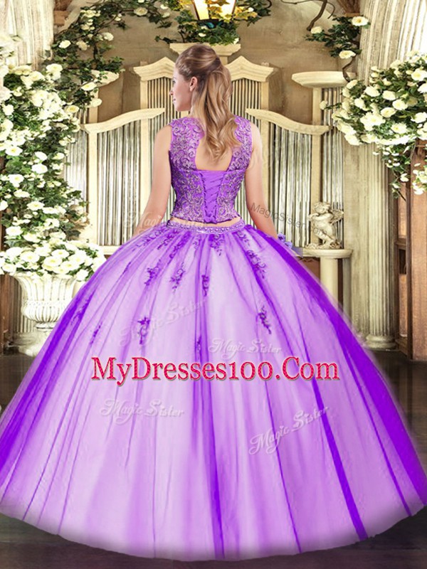 Flare Scoop Sleeveless Tulle 15th Birthday Dress Beading and Appliques Lace Up