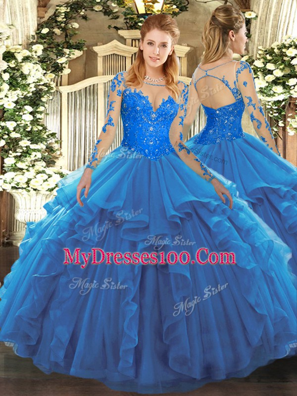 Spectacular Blue Ball Gowns Lace and Ruffles Quinceanera Gowns Lace Up Tulle Long Sleeves Floor Length