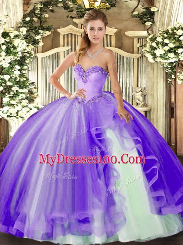 Enchanting Tulle Sweetheart Sleeveless Lace Up Beading and Ruffles Sweet 16 Dress in Lavender