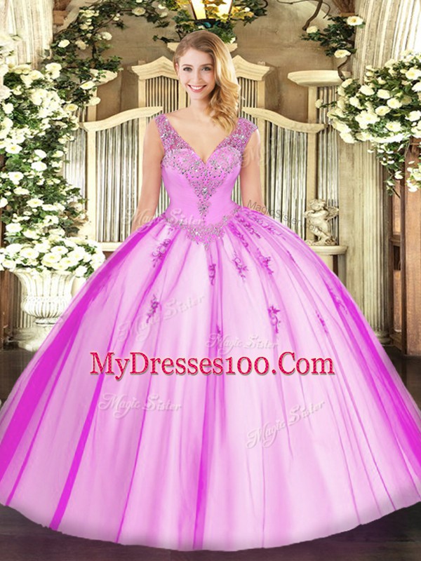 Lilac Tulle Lace Up Sweet 16 Dresses Sleeveless Floor Length Beading