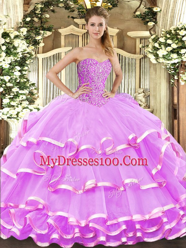 Sleeveless Organza Floor Length Lace Up 15th Birthday Dress in Lilac with Beading and Ruffled Layers