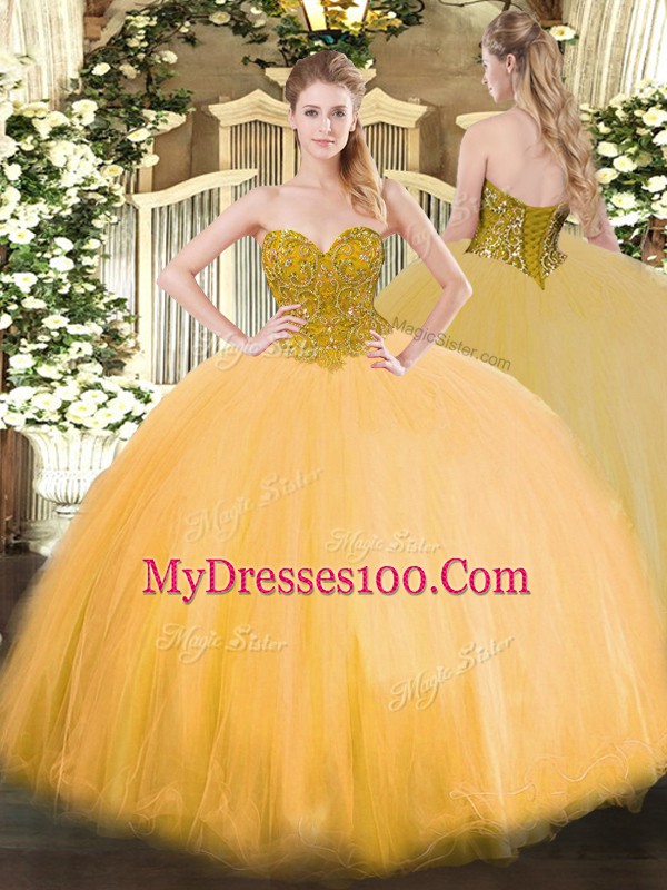 Stylish Tulle Sleeveless Floor Length Sweet 16 Quinceanera Dress and Beading