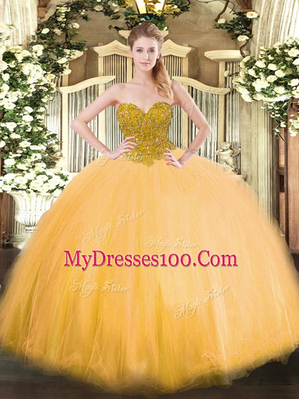 Stylish Tulle Sleeveless Floor Length Sweet 16 Quinceanera Dress and Beading