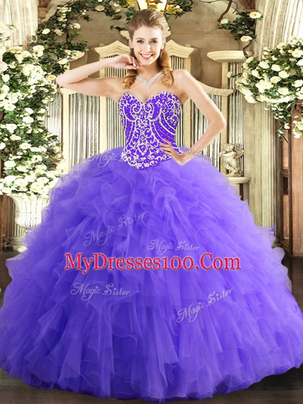 Modern Lavender Sleeveless Beading and Ruffles Floor Length Quinceanera Dresses