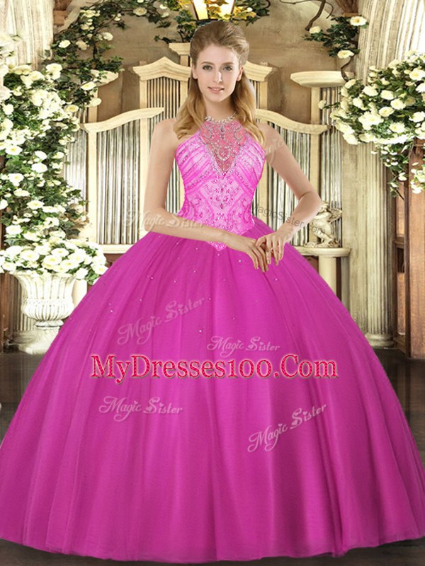 Inexpensive Floor Length Fuchsia 15 Quinceanera Dress High-neck Sleeveless Lace Up