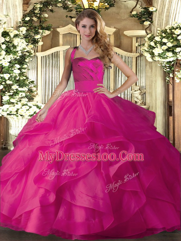 Halter Top Sleeveless Lace Up Quinceanera Gown Hot Pink Tulle