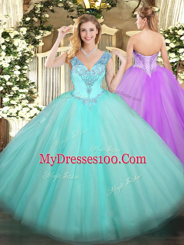 Sleeveless Floor Length Beading Lace Up Sweet 16 Dresses with Aqua Blue