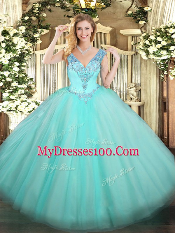 Sleeveless Floor Length Beading Lace Up Sweet 16 Dresses with Aqua Blue