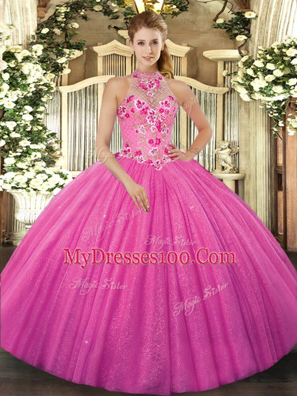 Decent Hot Pink Sleeveless Beading and Embroidery Floor Length Sweet 16 Dress
