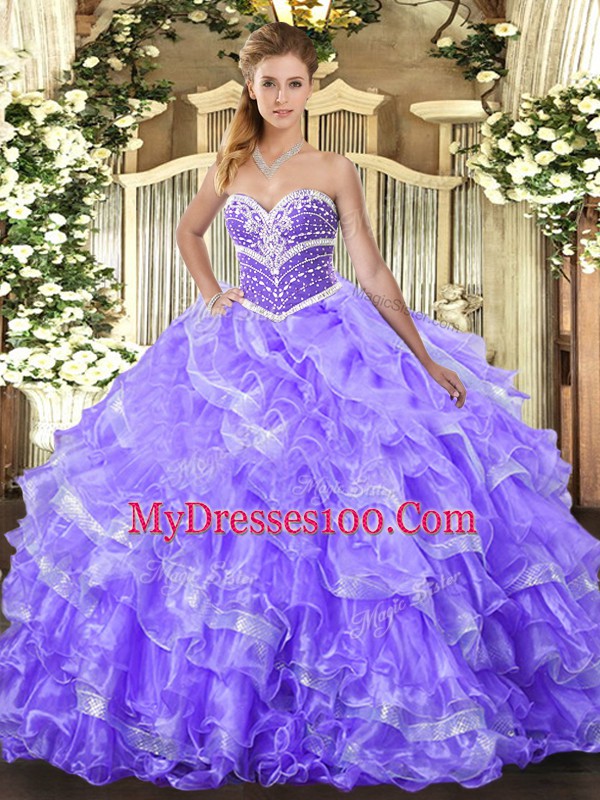 Dramatic Lavender Organza Lace Up Vestidos de Quinceanera Sleeveless Floor Length Beading and Ruffled Layers