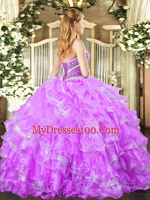 Dramatic Lavender Organza Lace Up Vestidos de Quinceanera Sleeveless Floor Length Beading and Ruffled Layers