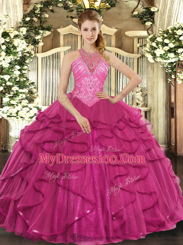Beautiful Hot Pink Lace Up Sweet 16 Dress Beading and Ruffles Sleeveless Floor Length