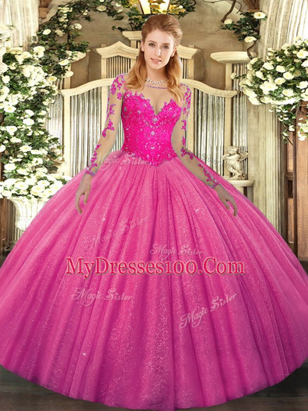 Dazzling Hot Pink Lace Up Scoop Lace Vestidos de Quinceanera Tulle Long Sleeves