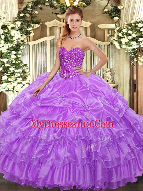 Lavender Sleeveless Organza Lace Up Sweet 16 Quinceanera Dress for Military Ball and Sweet 16 and Quinceanera