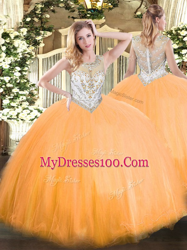 Romantic Orange Red Tulle Zipper Scoop Sleeveless Floor Length Quinceanera Dresses Beading