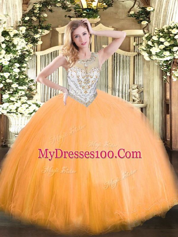 Romantic Orange Red Tulle Zipper Scoop Sleeveless Floor Length Quinceanera Dresses Beading