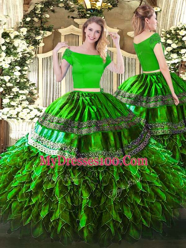 Organza and Taffeta Off The Shoulder Short Sleeves Zipper Embroidery and Ruffles Quinceanera Dresses in Green