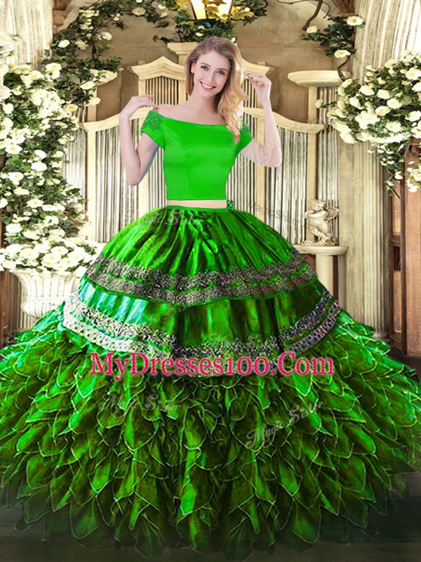 Organza and Taffeta Off The Shoulder Short Sleeves Zipper Embroidery and Ruffles Quinceanera Dresses in Green